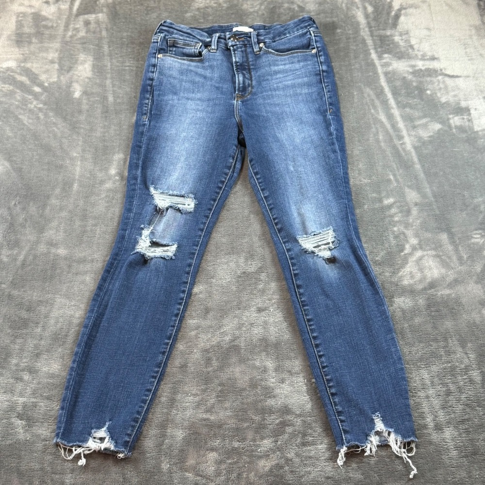Good American Good Legs Skinny Jeans Distressed Raw Hem Indigo Blue 8/29